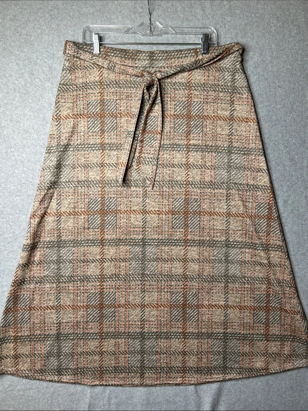 Plaid A-Line Midi Skirt with Self-Tie Waist - Beige‎ Rust Gray